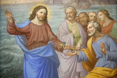 Saint-Grat-Kirche, Gemälde, Christus übergibt Petrus die Schlüssel, Valgrisenche, Italien